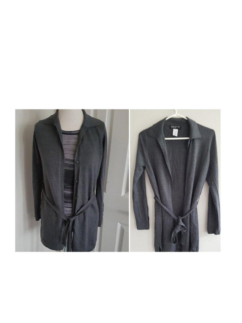 Jones New York Women's Long Open Front Belted cardigan Sweater, 100% Wool Size S